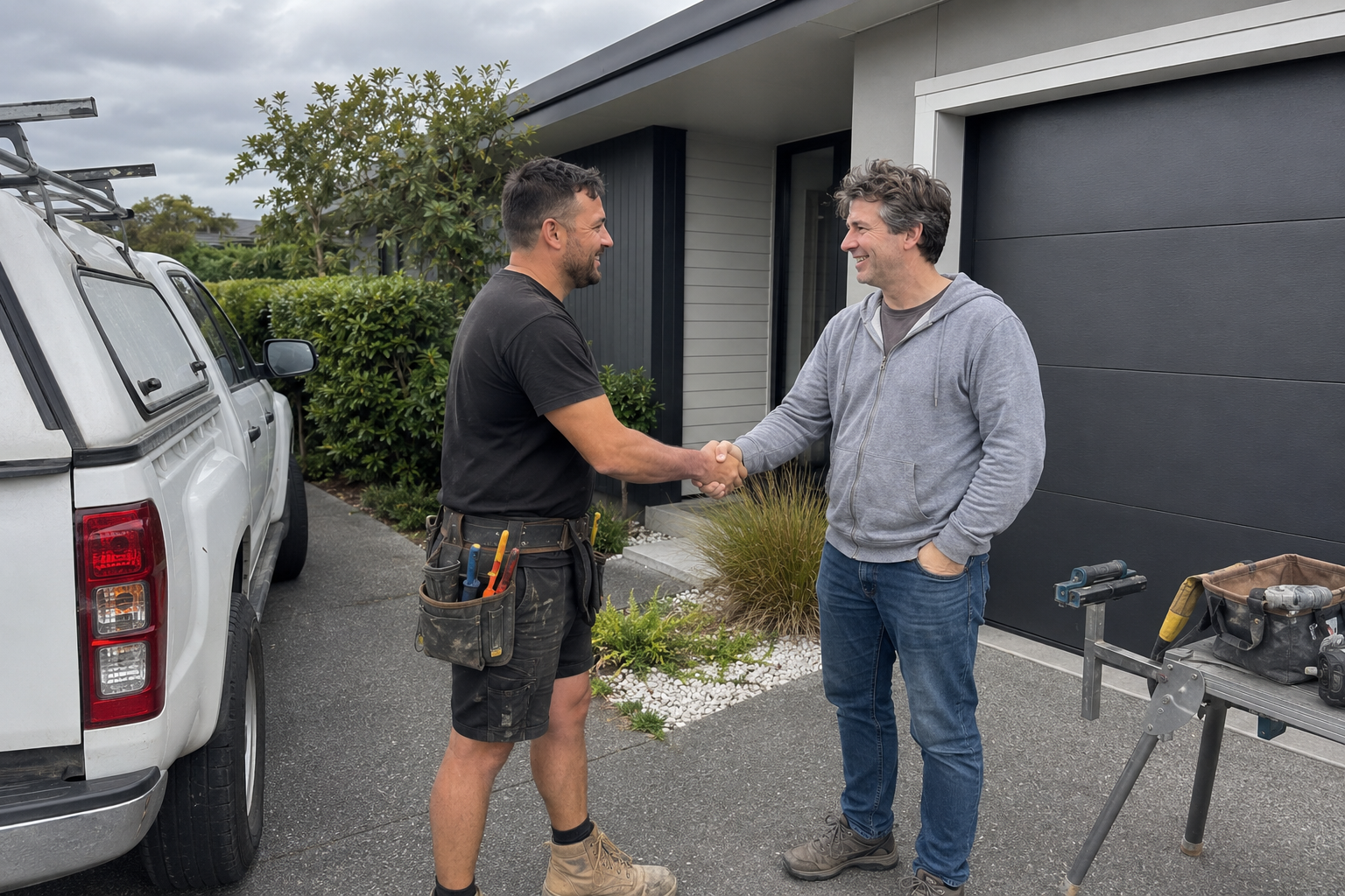Tradie shaking hands with homeowner client